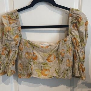 Urban Outfitters Cream Crop Top with Orange Fruit Print and Green Leaves